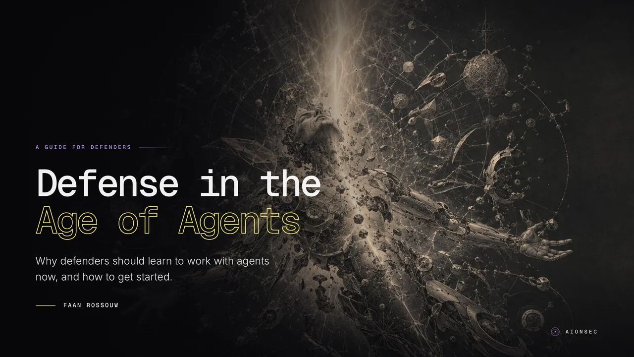 The cover of Defense in the Age of Agents, a guide for defenders by Faan Rossouw.