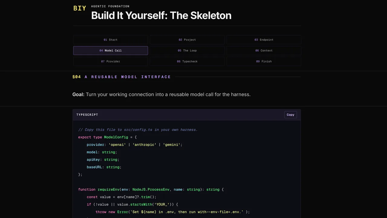 The Build It Yourself guide "The Skeleton": its nine steps, a section goal and a TypeScript code block.