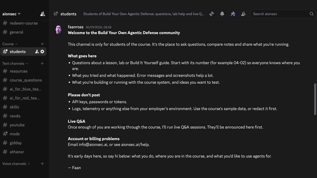 The private students channel in the AionSec Discord, with Faan's welcome post.