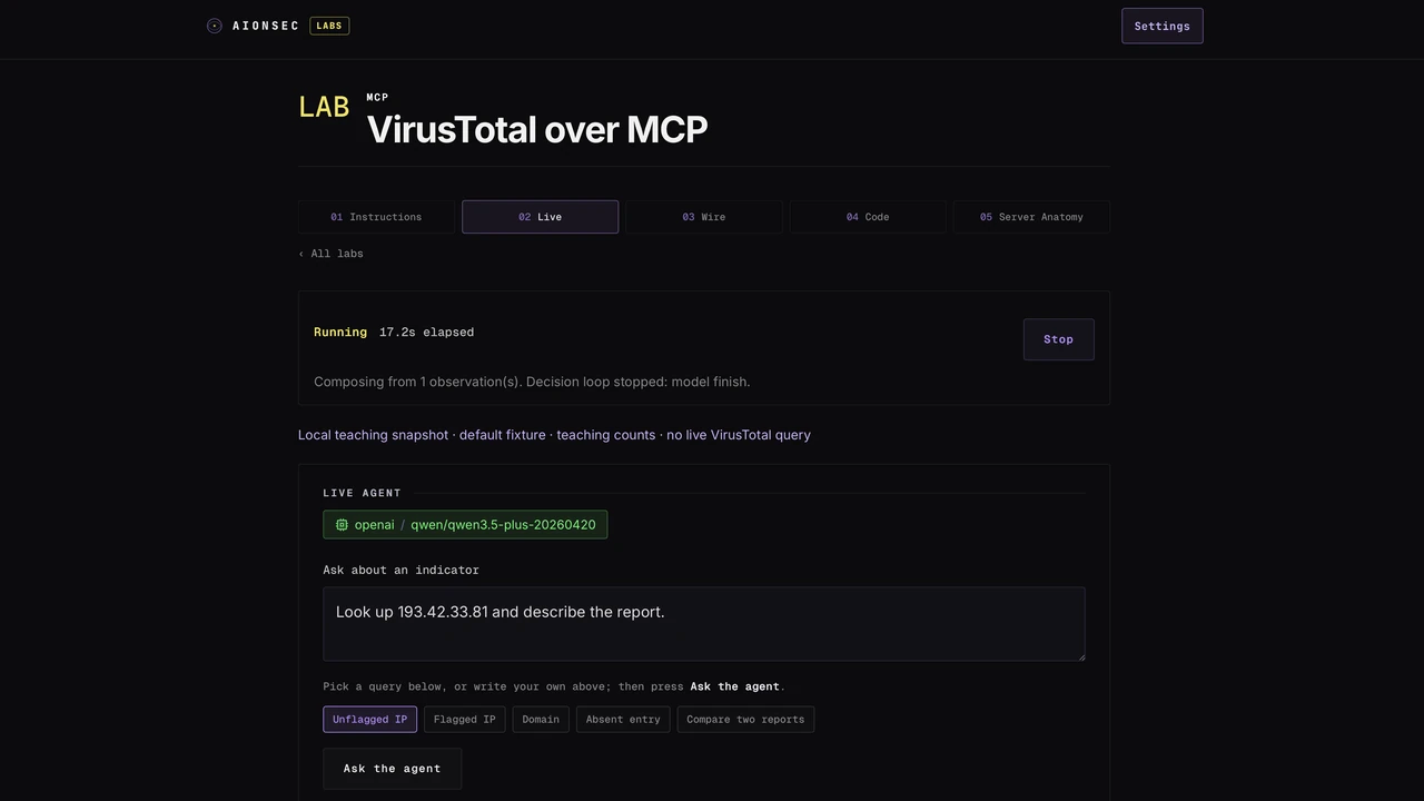 The system lab "VirusTotal over MCP" running a live agent in the AionSec Labs app.